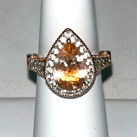 Genuine 2.5 Kt Peach Morganite White Zircon Engagement Wedding Dinner 925 Ring - Picture 2 of 14